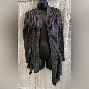 Black/ Silver Metallic Ribbed Asymmetrical Open-Front Cardigan